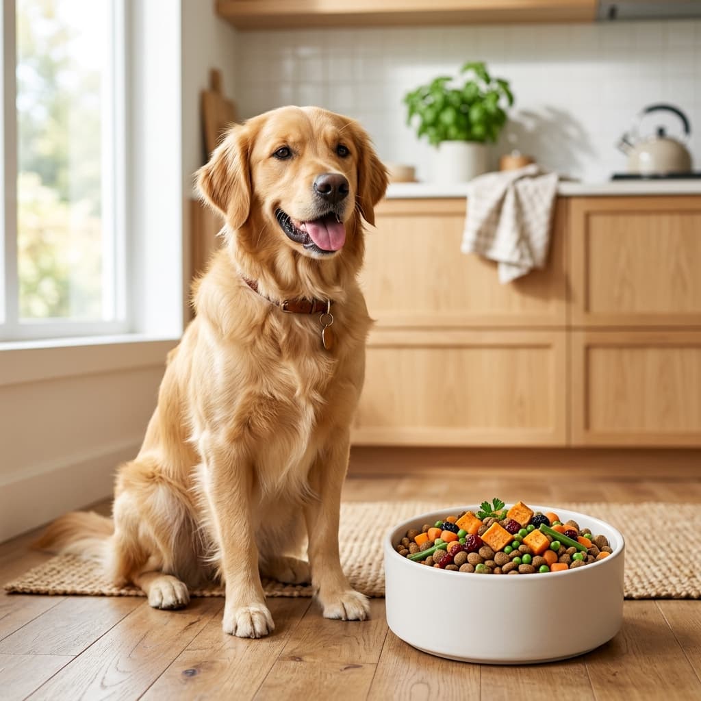 Happy dog with a bowl of nutritious food