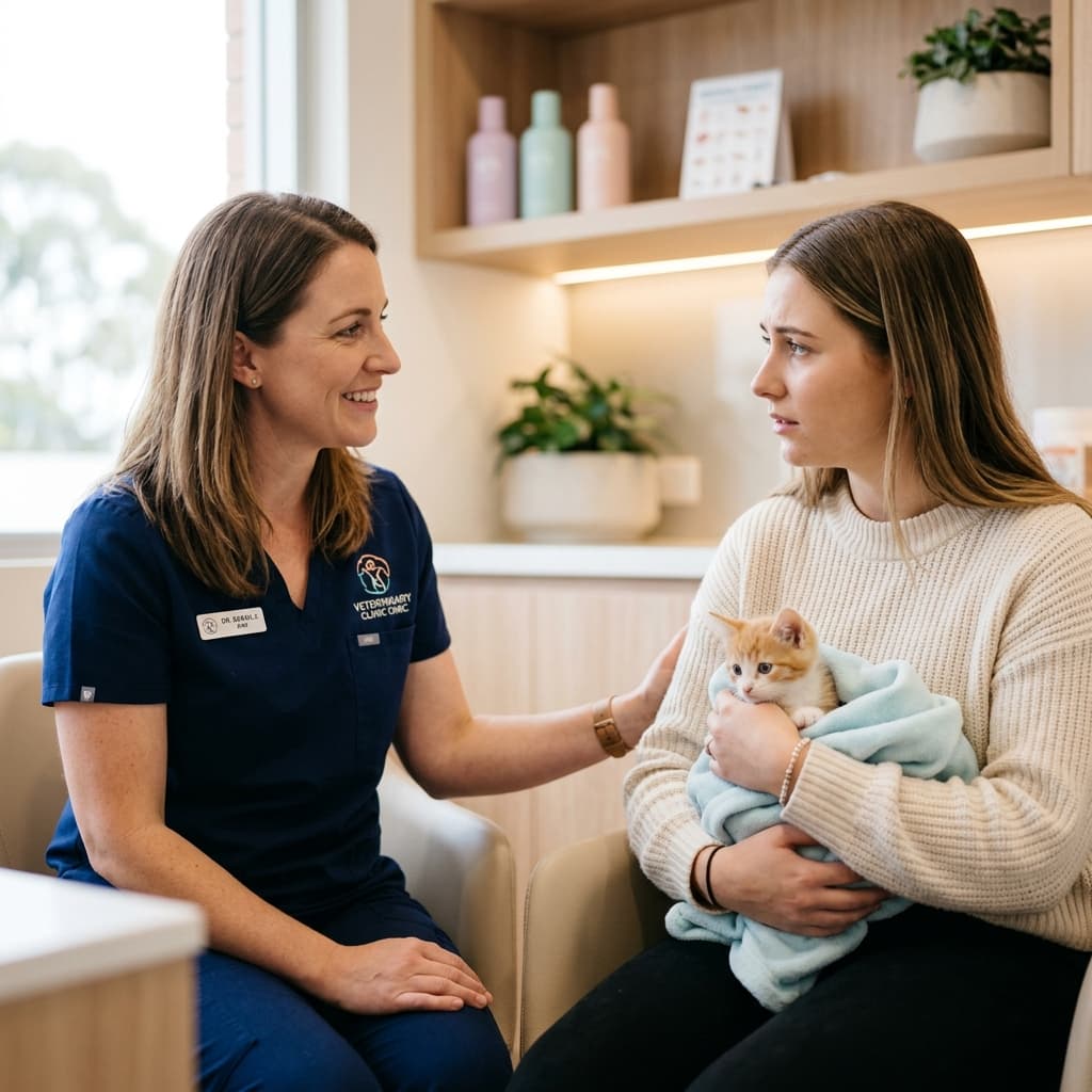 Compassionate veterinarian with pet owner