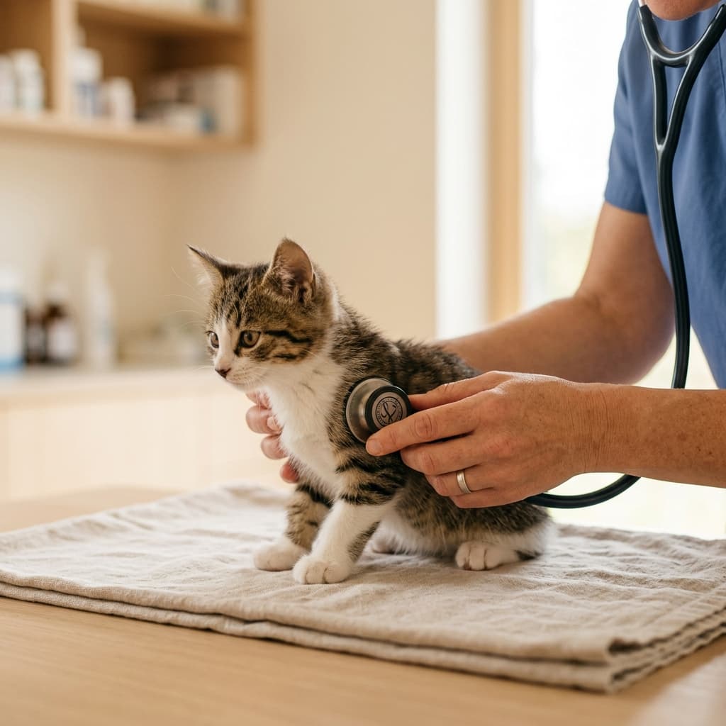 Veterinarian examining a small kitten