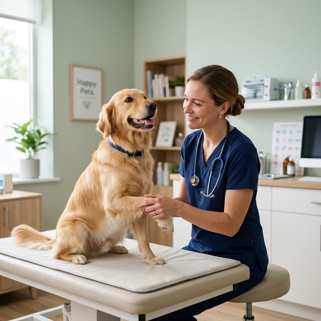 Veterinarian examining a happy golden retriever